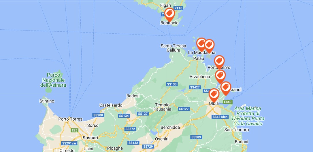 mapa severního okraje Sardínie